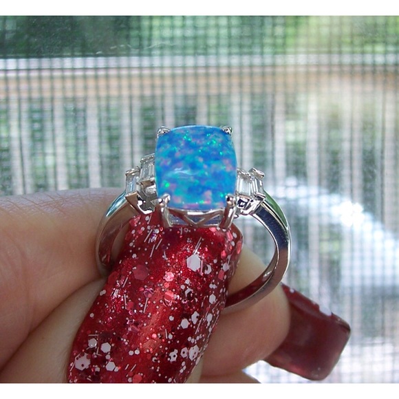 925 STERLING SILVER Lab Created Blue Lavender Fire Opal & CZ Ring - Picture 7 of 13